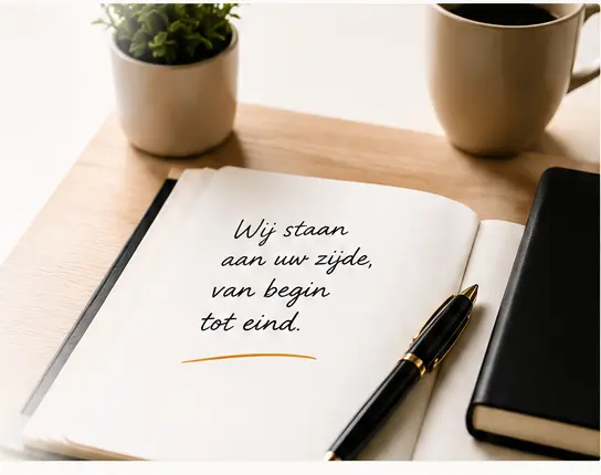 Notitieboek met de tekst Wij staan aan uw zijde, van begin tot eind